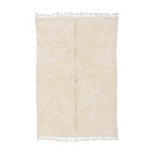 Rectangular cream-colored rug with subtle geometric patterns and fringe along the shorter edges, displayed on a white background.