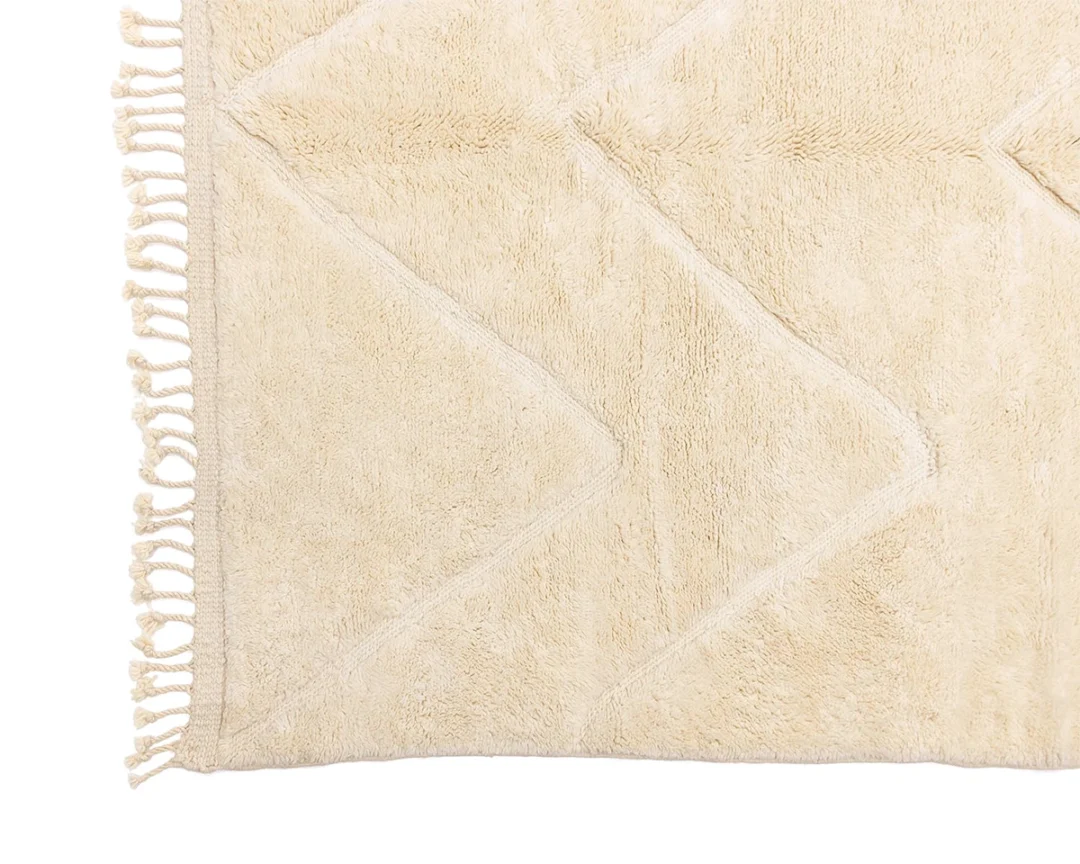 A beige textured rug with a geometric pattern and tassels along one edge is shown from above.