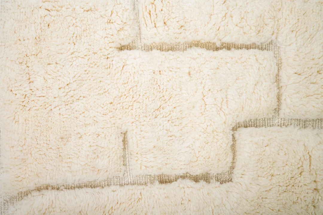 Close-up of a cream-colored, fluffy textured surface arranged in a rectangular brick-like pattern.