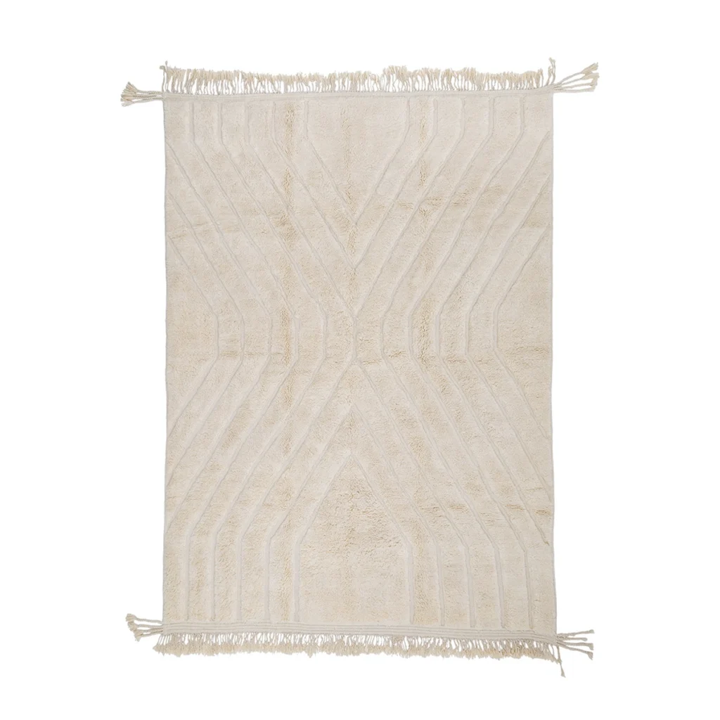 Beige rectangular area rug with a geometric pattern and fringed edges on both shorter sides, displayed on a white background.