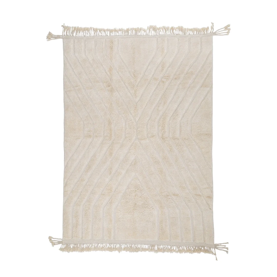 Beige rectangular area rug with a geometric pattern and fringed edges on both shorter sides, displayed on a white background.