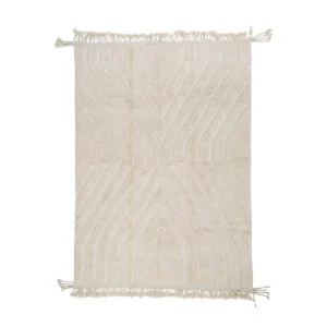 Beige rectangular area rug with a geometric pattern and fringed edges on both shorter sides, displayed on a white background.
