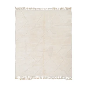 A rectangular cream-colored rug with subtle geometric patterns and fringes on the shorter ends, displayed on a white background.