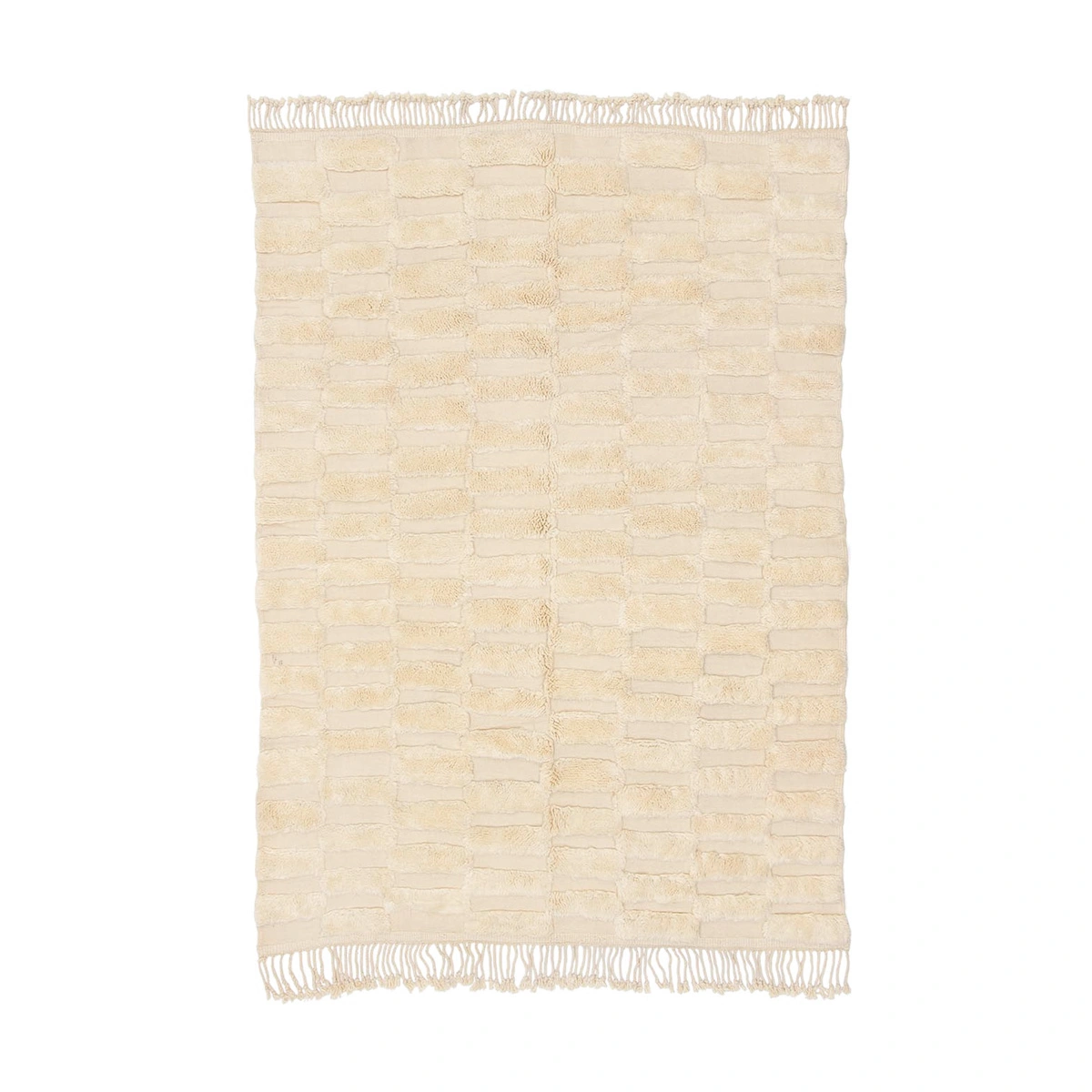 A rectangular cream-colored woven rug with a raised textured pattern and short fringe on both shorter ends.
