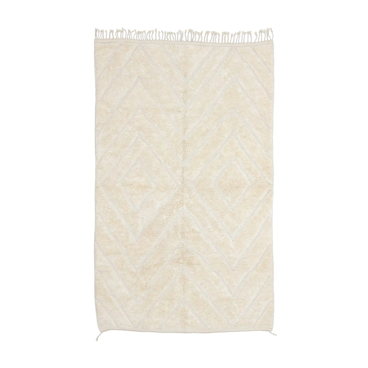Rectangular cream-colored rug with a subtle geometric diamond pattern and fringes on the shorter edges, shown on a white background.