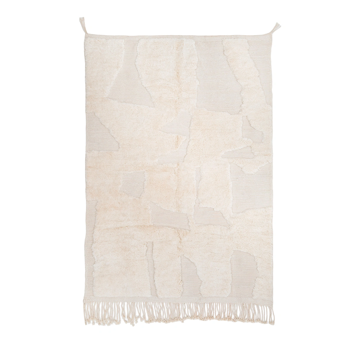 Rectangular cream-colored area rug with abstract textured patterns and tasseled fringe along the bottom edge, displayed on a white background.