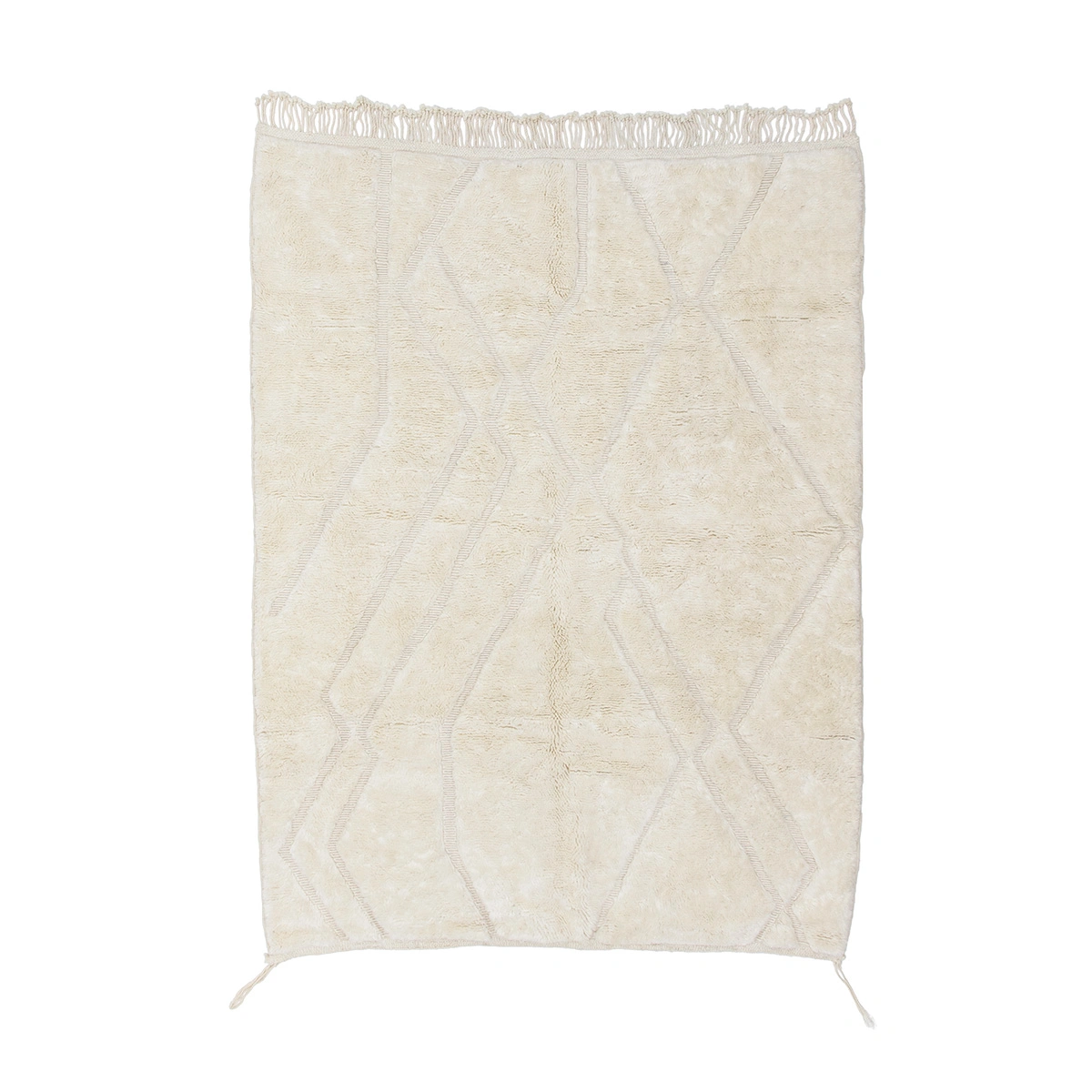 A rectangular off-white rug with a subtle geometric pattern and short fringe on the top edge.