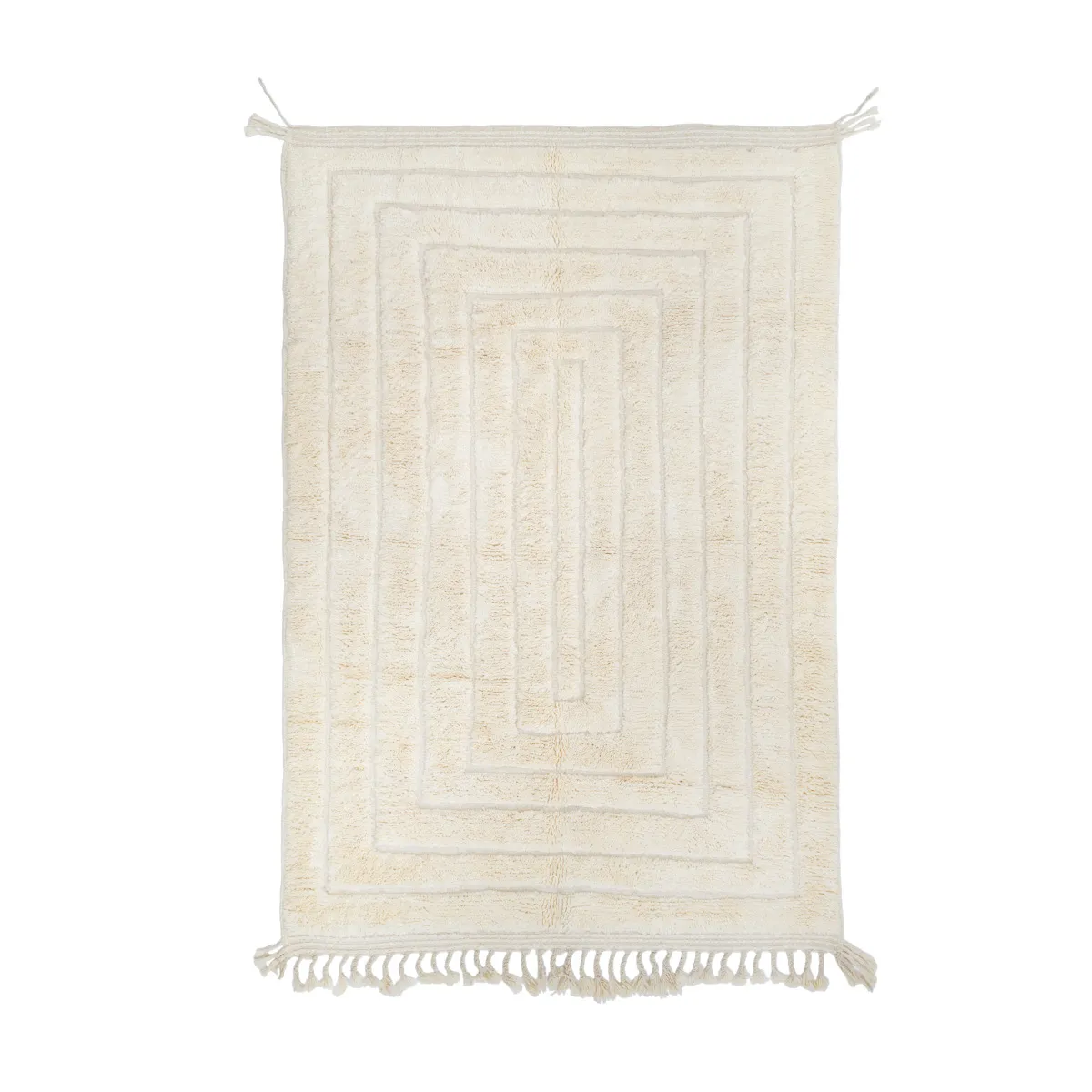A rectangular cream-colored rug with a geometric pattern, fringe on both short ends, and a textured surface.