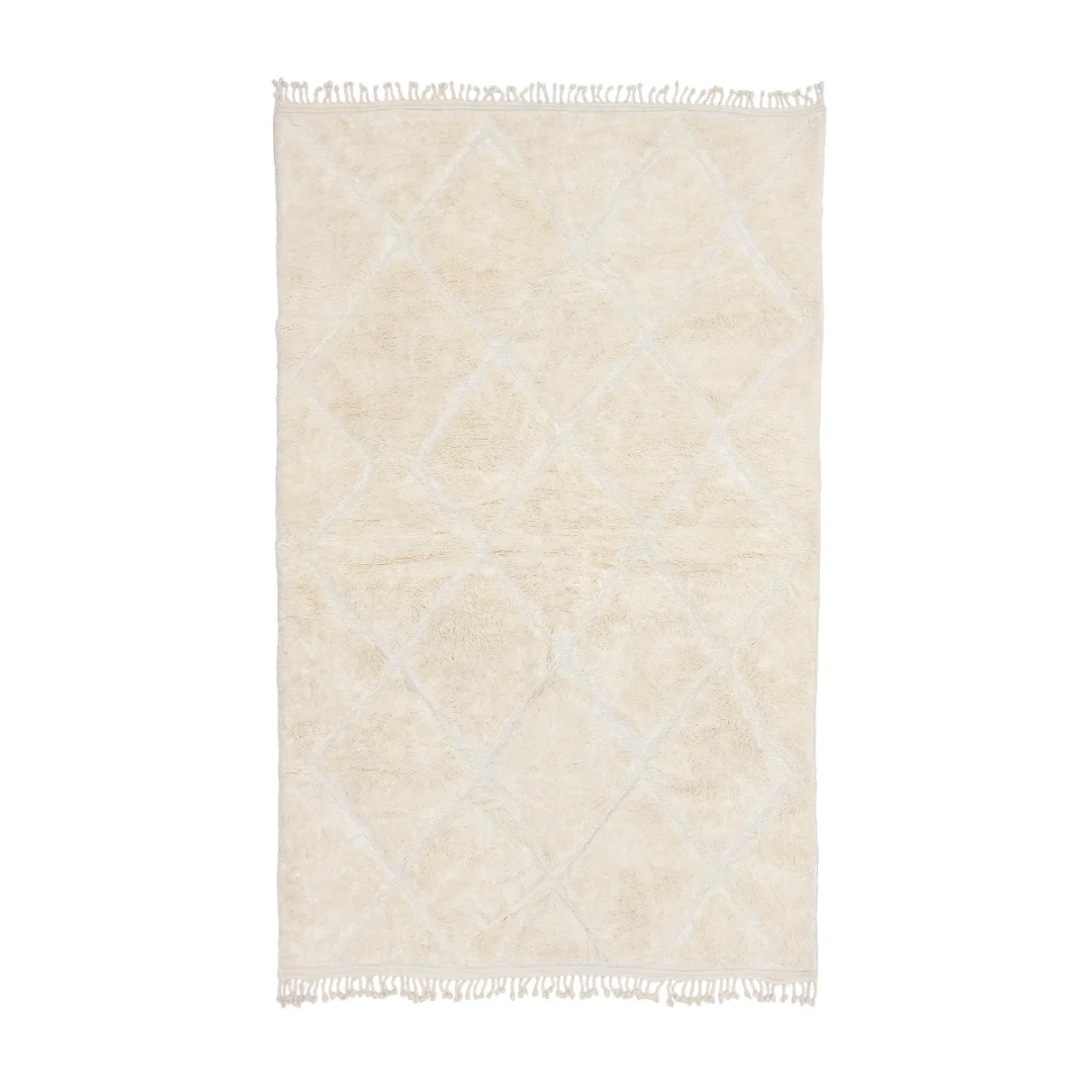 Rectangular cream-colored rug with a subtle diamond pattern and short fringe on both shorter edges, displayed on a white background.