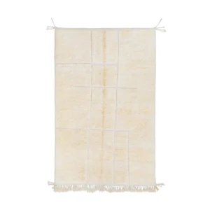 A rectangular, off-white rug with a subtle geometric line pattern, fringes at the bottom edge, and ties at the top corners.