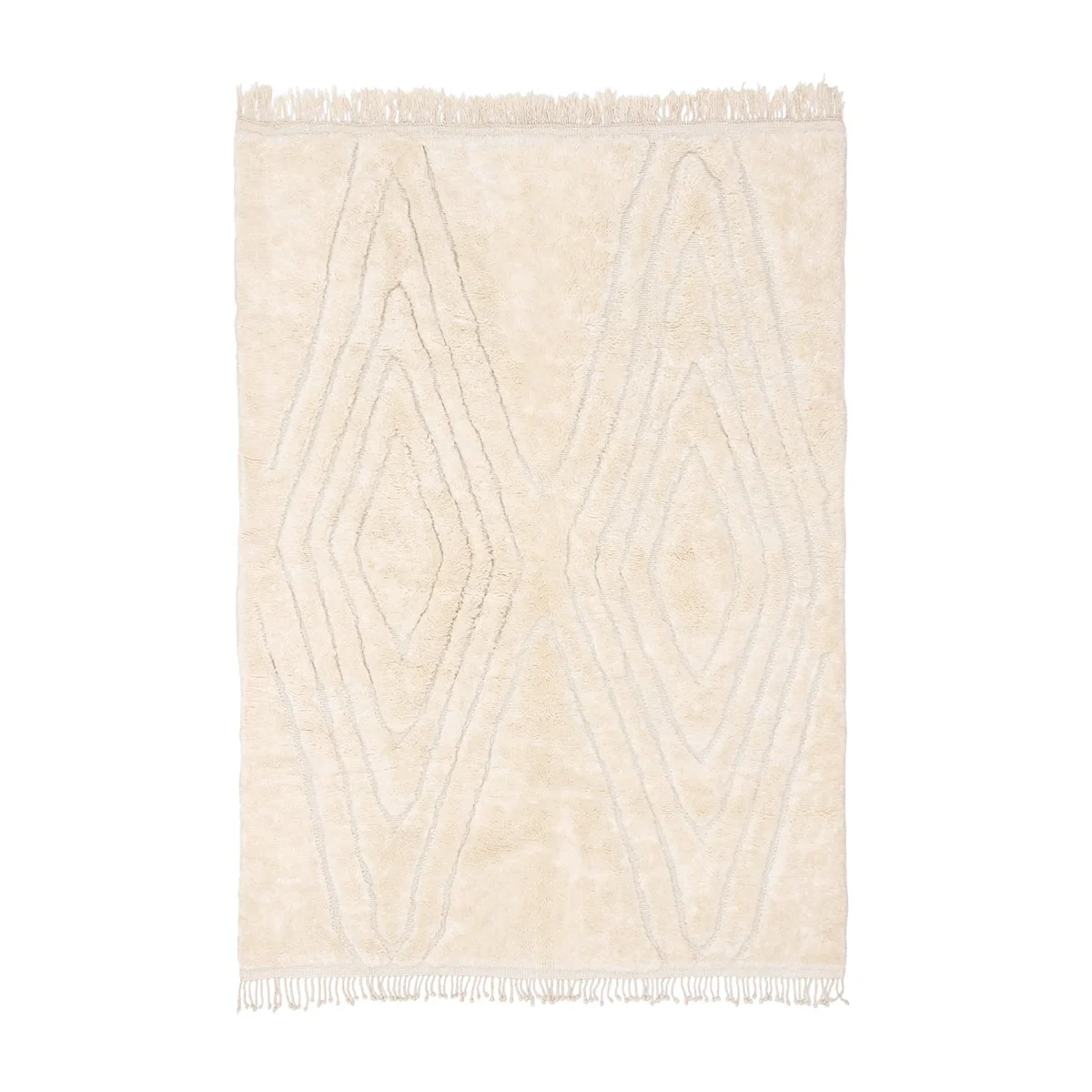 A rectangular beige rug with a subtle geometric diamond pattern and fringed edges on the shorter sides.