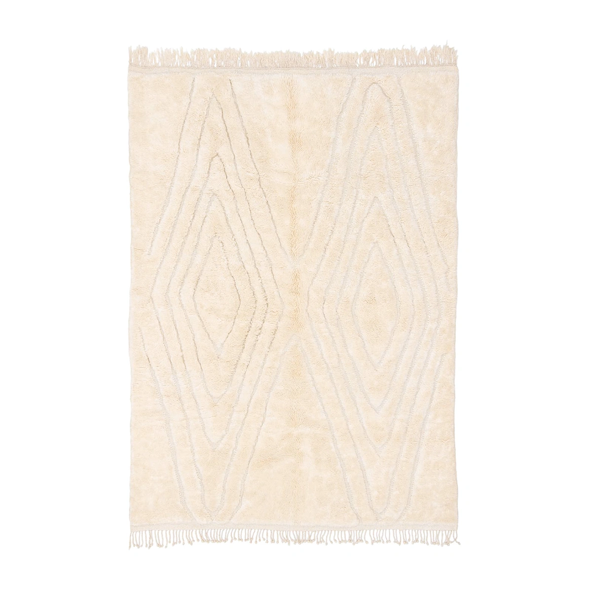 Rectangular cream-colored rug with raised diamond patterns and fringe on the shorter edges, displayed on a white background.