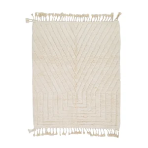 Rectangular cream-colored rug with a raised geometric chevron pattern and fringe on the shorter edges, displayed on a white background.