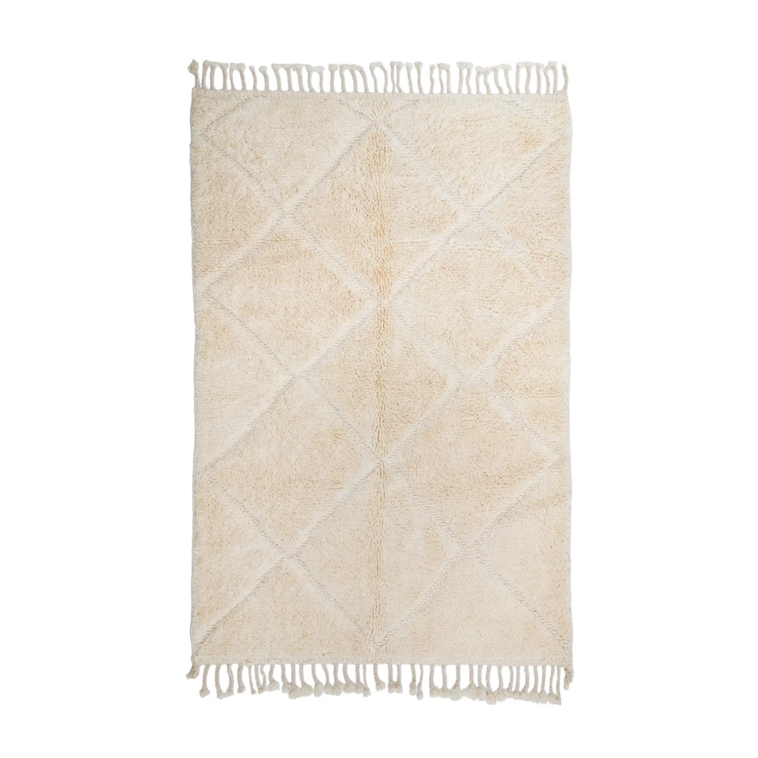 Rectangular beige rug with a subtle diamond pattern and fringe on both shorter edges, displayed on a white background.