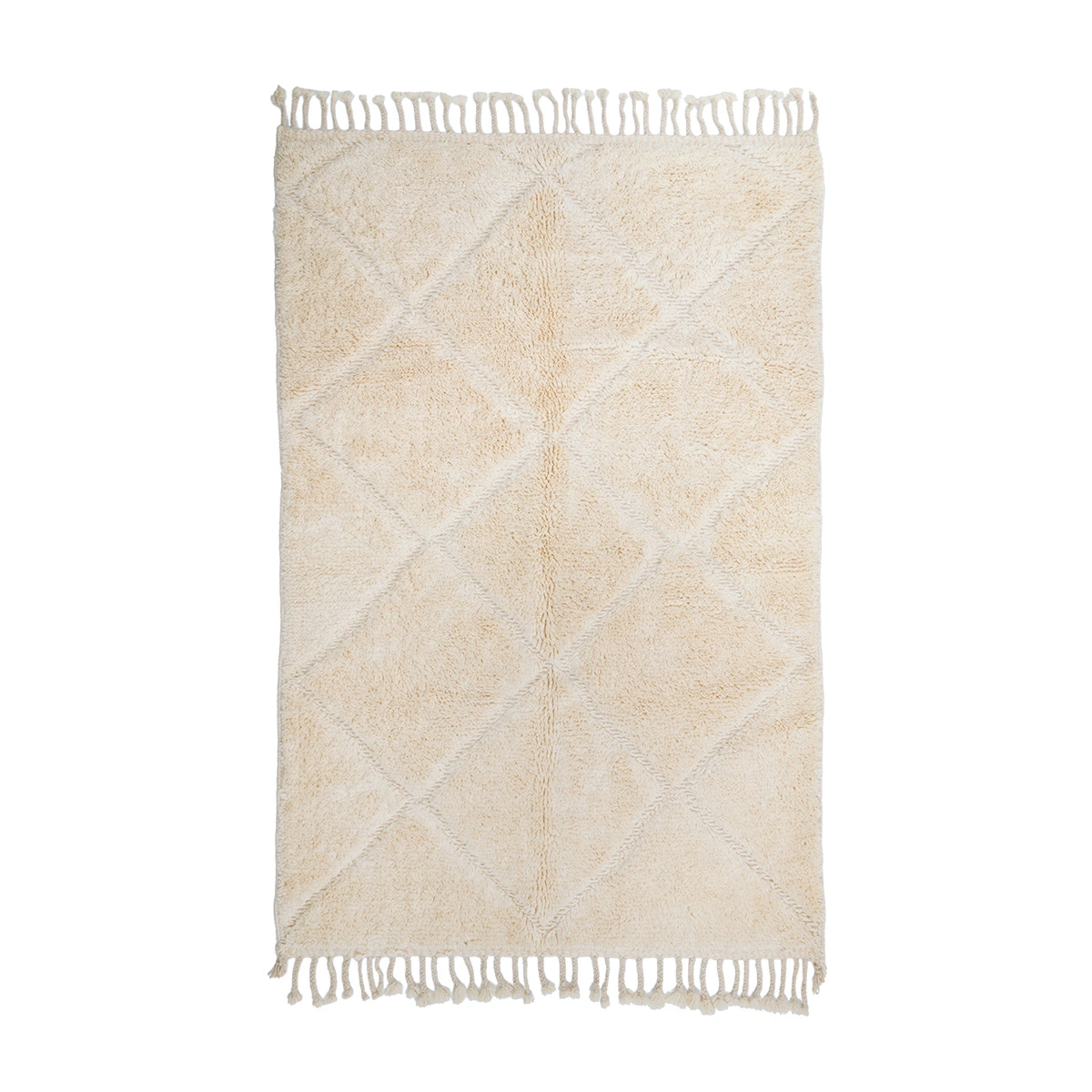 Rectangular beige rug with a subtle diamond pattern and fringe on both shorter edges, displayed on a white background.
