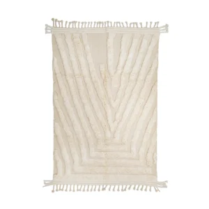 Rectangular cream-colored rug with textured, raised geometric patterns and fringe tassels on the shorter edges.