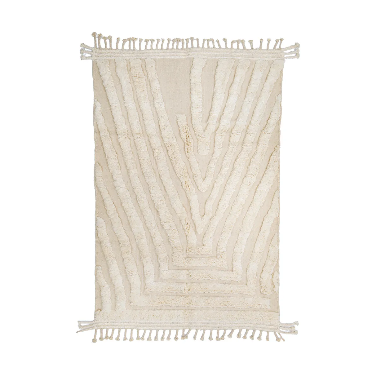 Rectangular cream-colored rug with textured, raised geometric patterns and fringe tassels on the shorter edges.