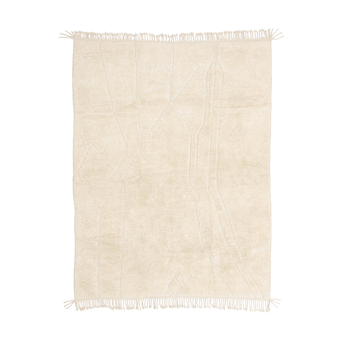 A rectangular, cream-colored rug with subtle abstract lines and fringed edges on the shorter sides.