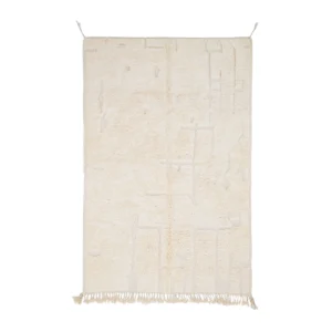 A rectangular cream-colored rug with subtle geometric patterns, fringe at the bottom, and two small loops at the top corners.