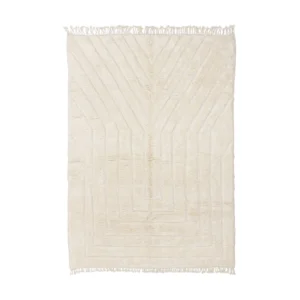 A cream-colored rectangular rug with a subtle geometric pattern and fringe on the shorter edges.