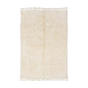 A rectangular beige rug with a subtle geometric pattern and fringed edges on the shorter sides.