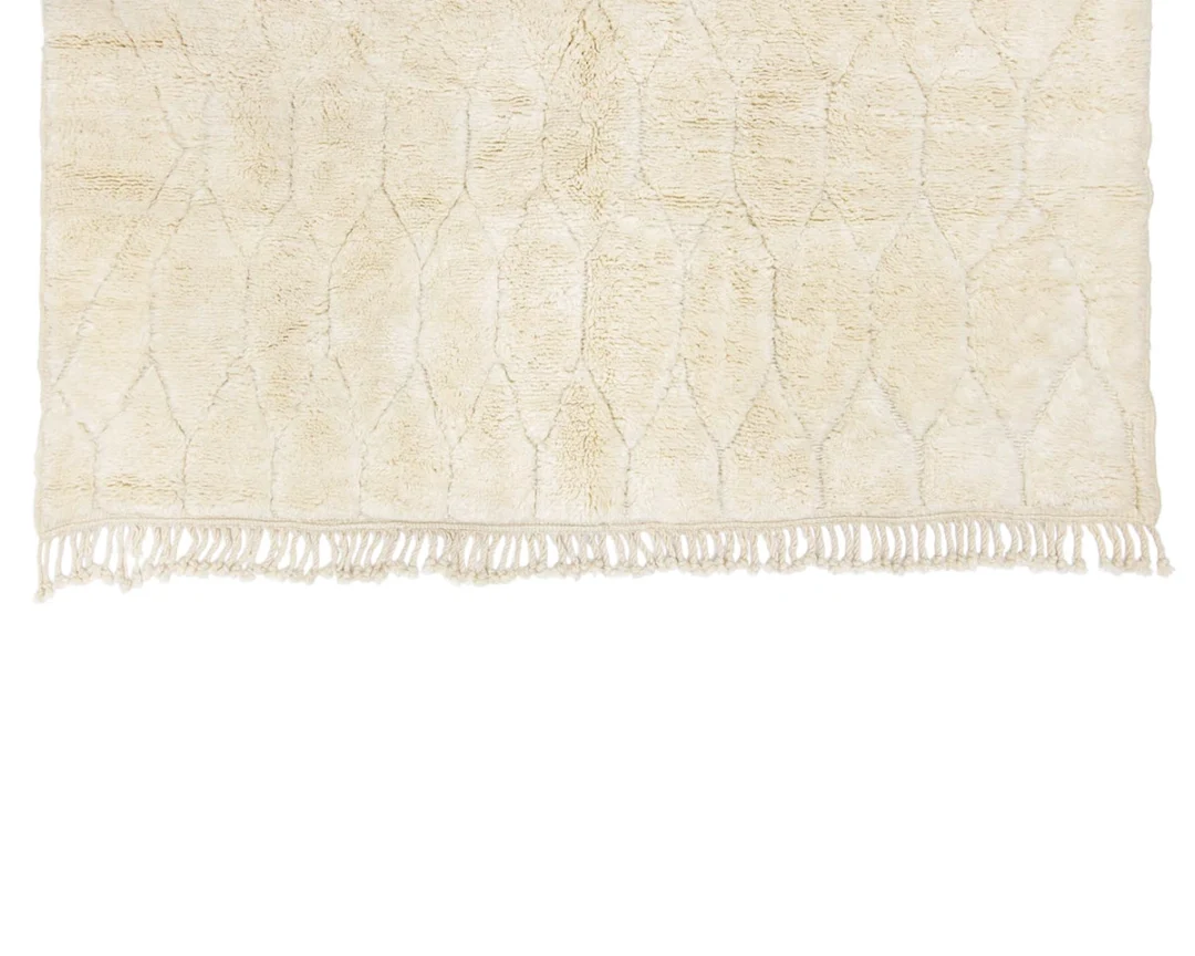 A beige rug with a subtle geometric pattern and fringe along the bottom edge.