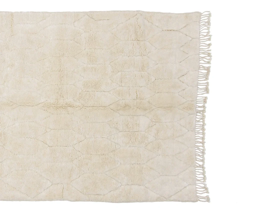 A beige, textured area rug with a subtle geometric pattern and fringe along the right edge.
