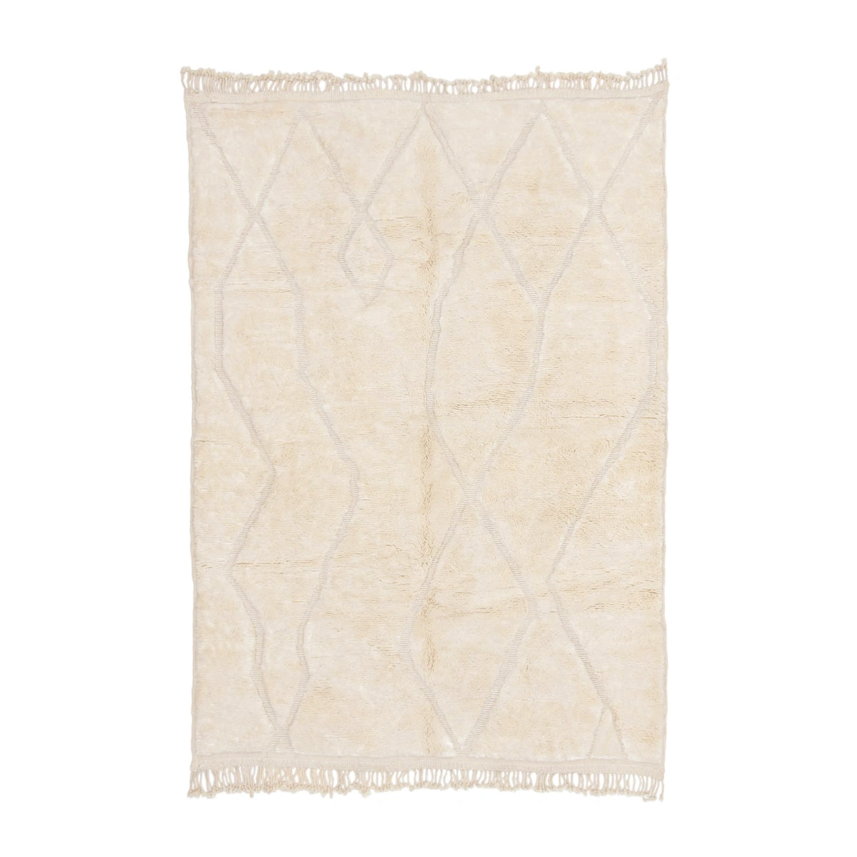 A cream-colored area rug with a subtle, irregular geometric pattern and fringed edges on the shorter sides.