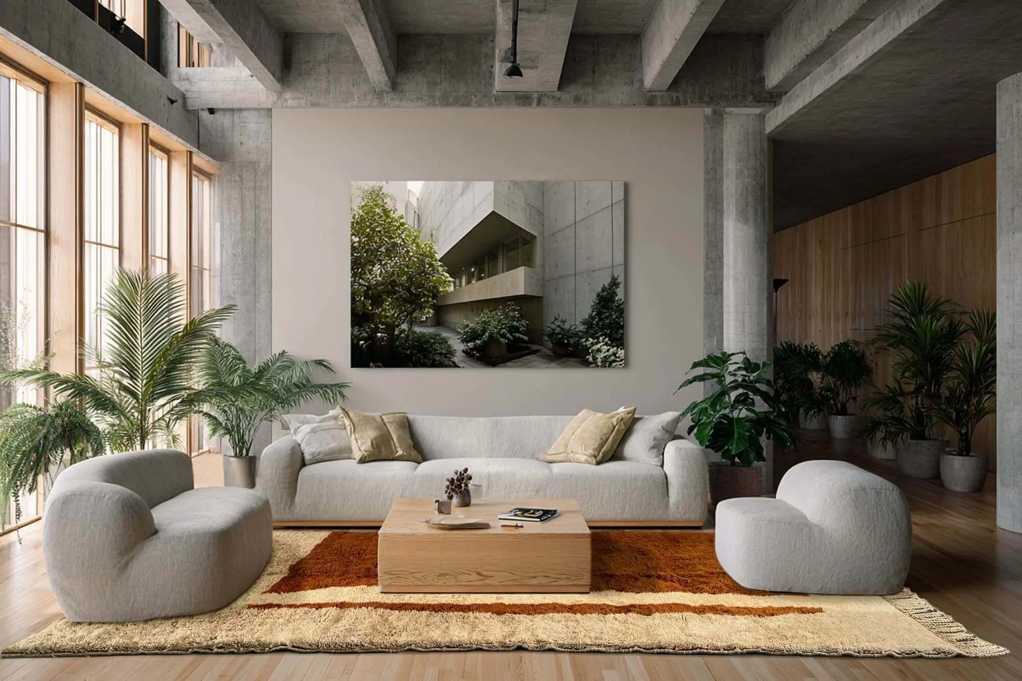 Modern living room with light-colored sofas and chairs, wooden coffee table, large wall art, plants, and tall windows letting in natural light.