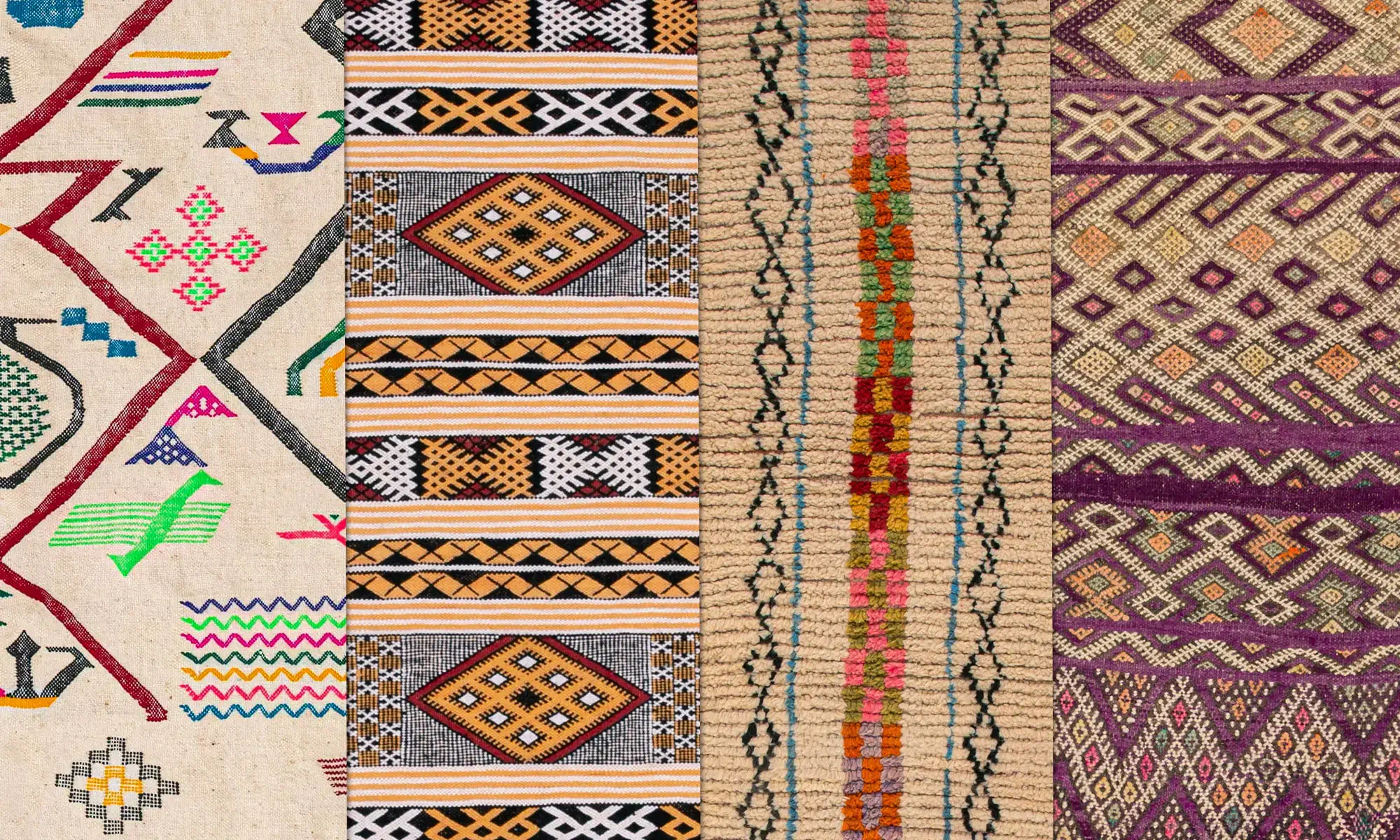 Four vertical panels showcase different traditional woven patterns inspired by authentic Moroccan rugs, featuring geometric shapes, stripes, and zigzags in beige, orange, pink, purple, and black.