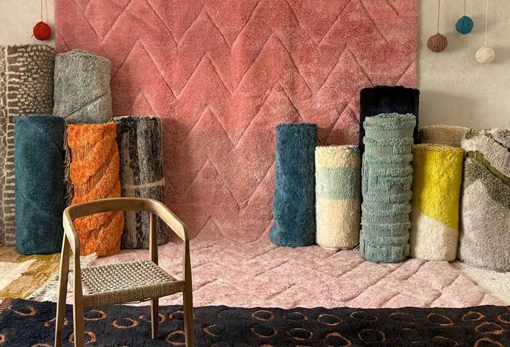 Several rolled-up colorful hand-knotted rugs are arranged against a textured pink rug backdrop, with a wooden chair placed in front.