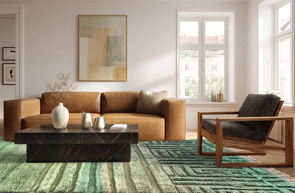 A modern living room with a tan sofa, black armchair, black coffee table, abstract wall art, and an artisanal hand-knotted rug in green patterns. Two windows fill the space with natural light.
