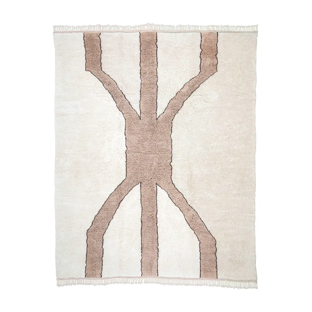 A luxurious, hand-knotted Naturel Wool rug features a brown abstract pattern and elegant fringed edges.