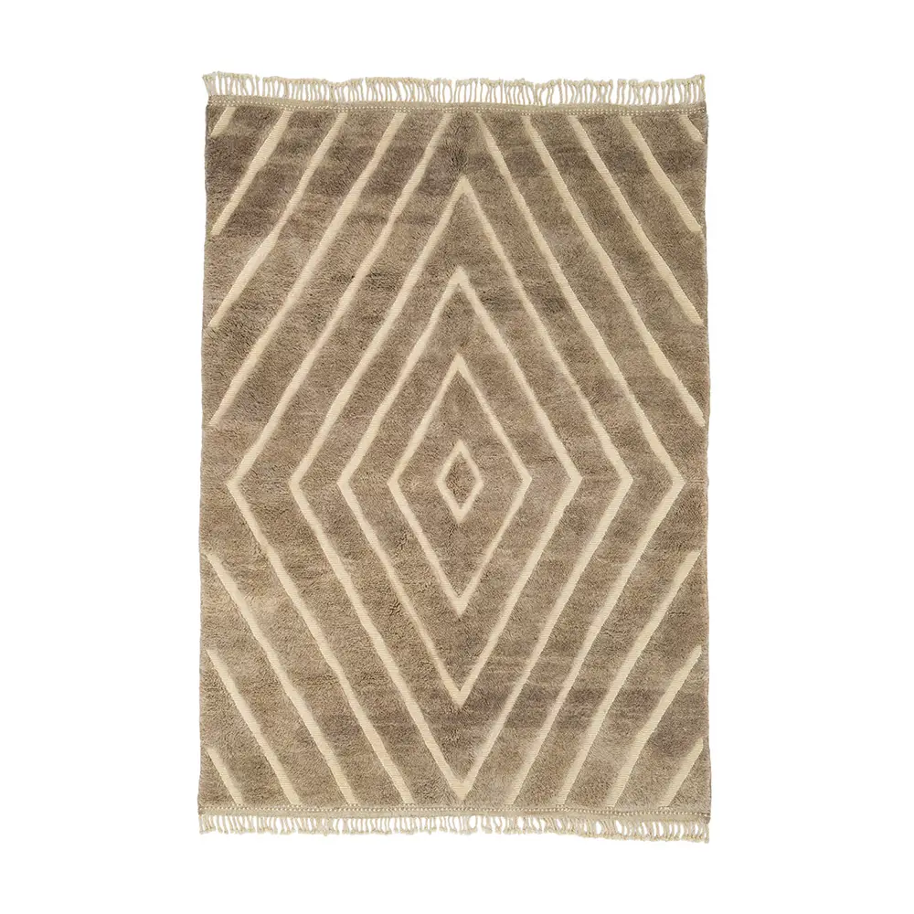 Discover a luxury Moroccan rug in Light Taupe featuring a captivating diamond pattern and elegant fringed edges. This hand-knotted masterpiece adds sophistication to any space.