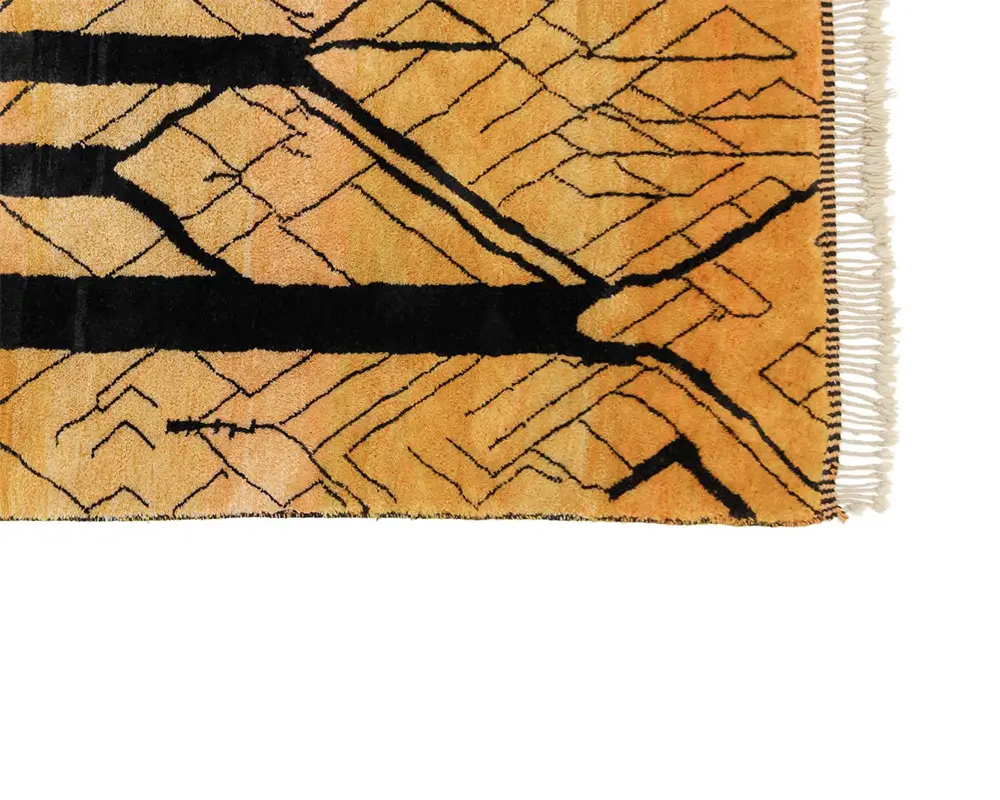 Azele Studio. Handmade rugs. Moroccan rug patterns. Orange an black rug with a tree.
