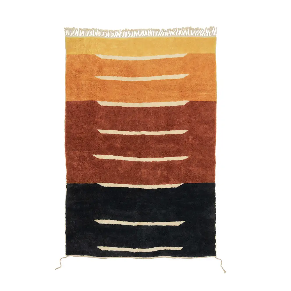Azele Studio abstract wool rug top view showing rust brown color block with ivory horizontal lines